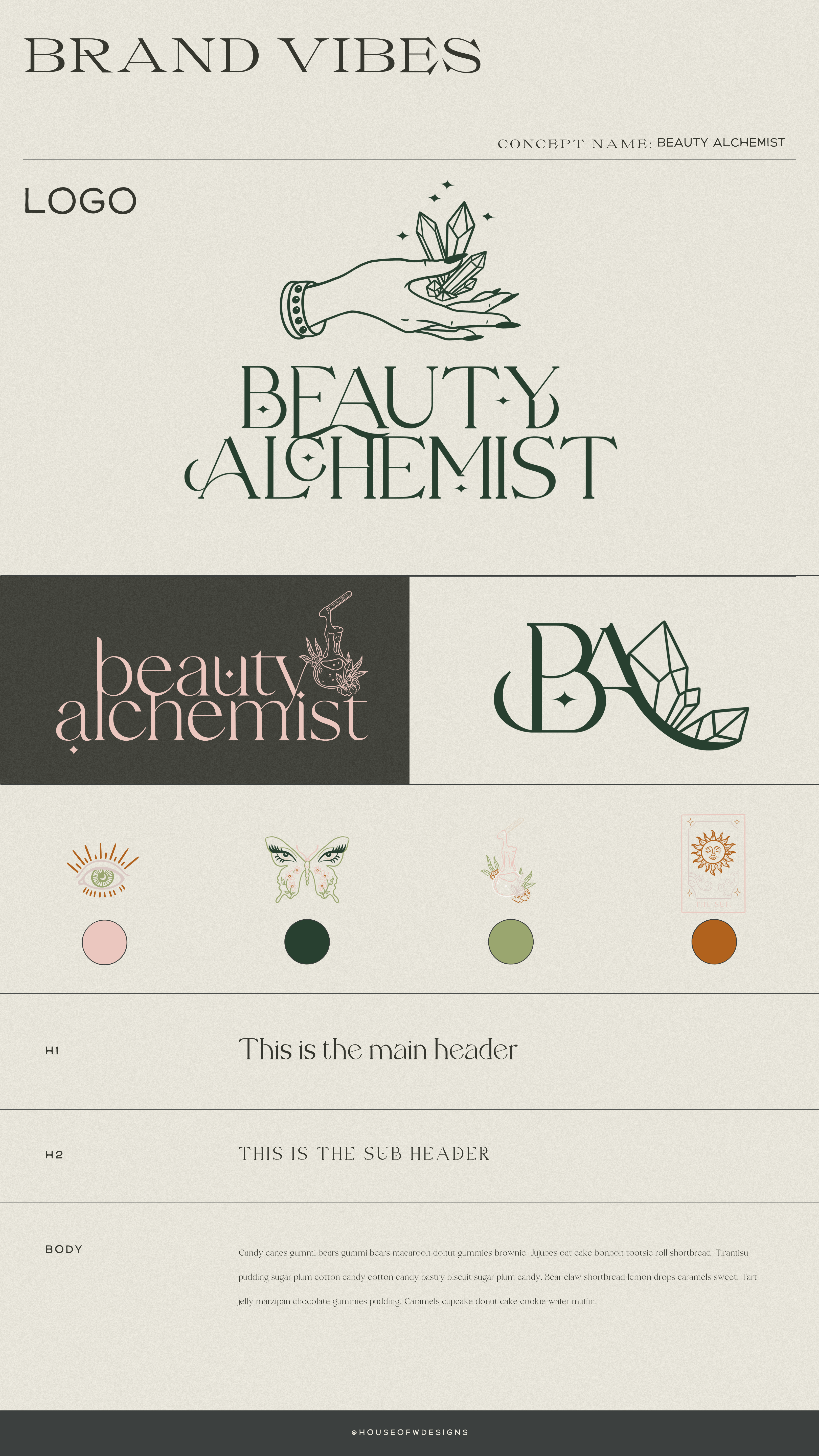 Brand board for a mystical esthetician brand and web design by House of W, a brand and web designer for photographers and creatives.