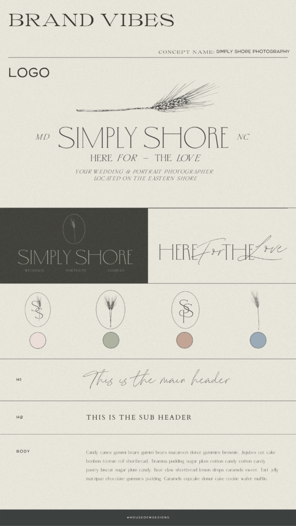 A neutral brand board for a the timeless photography brand design for Simply Shore. 